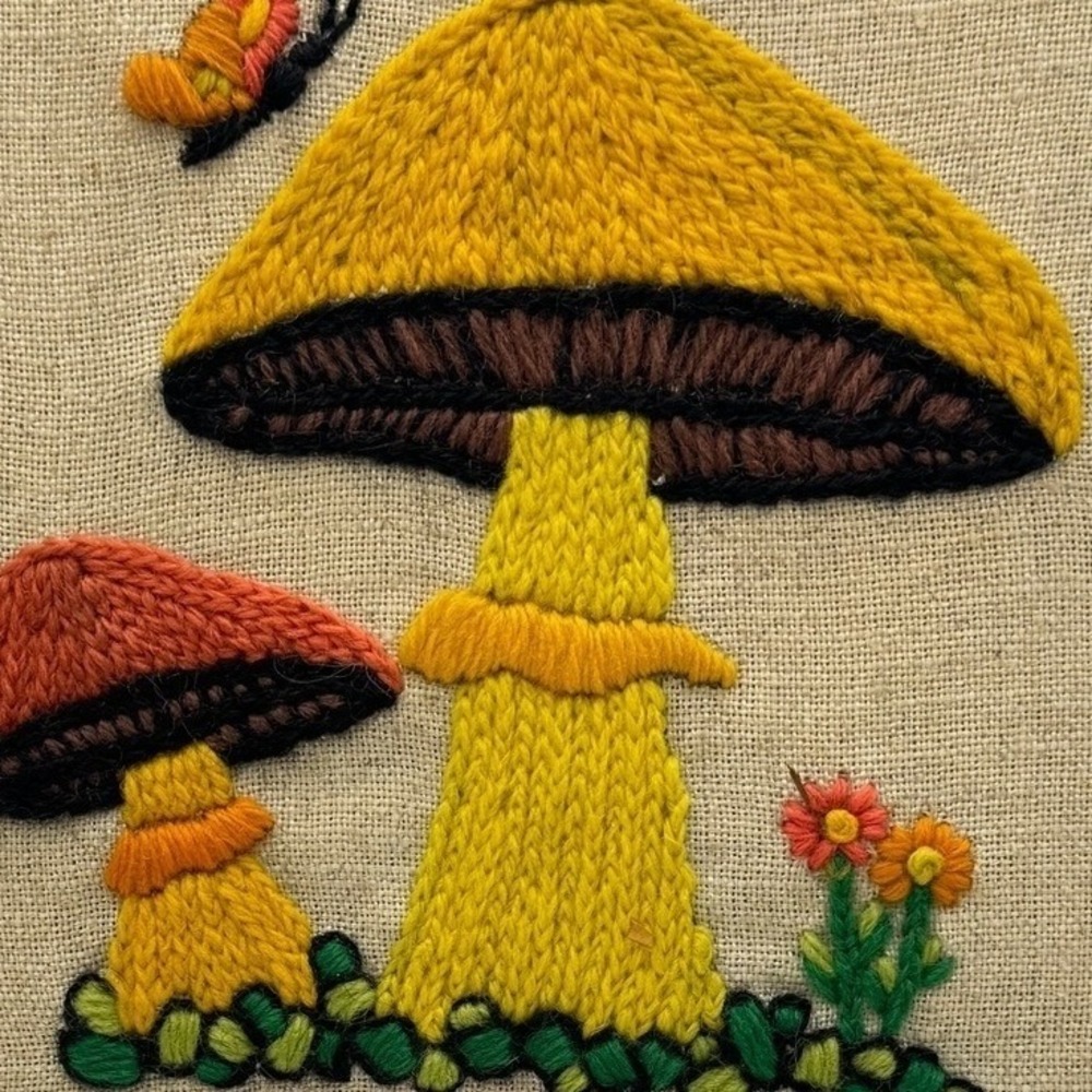 Vintage Mushroom Crewel Embroidery Wall Art 8x10 Handmade Toadstool Butterfly 70 - Picture 5 of 5